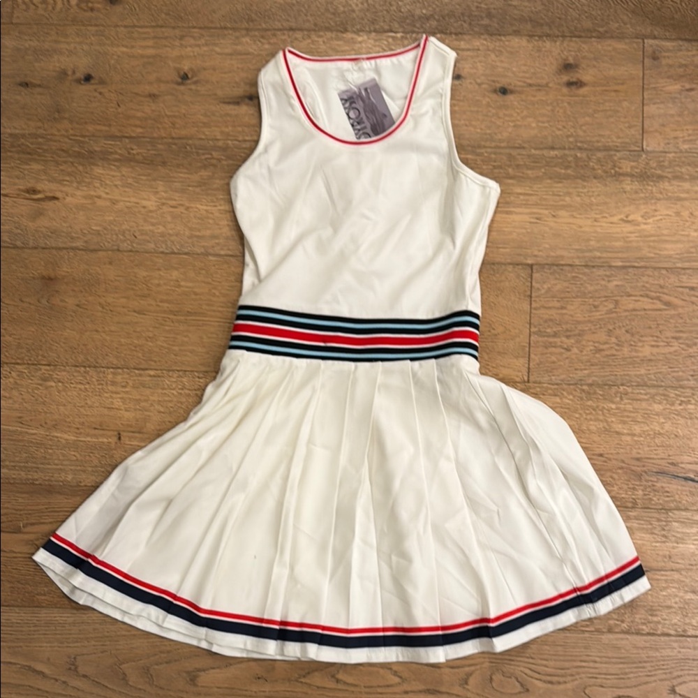 White Pleated Mini Dress with Striped Accents